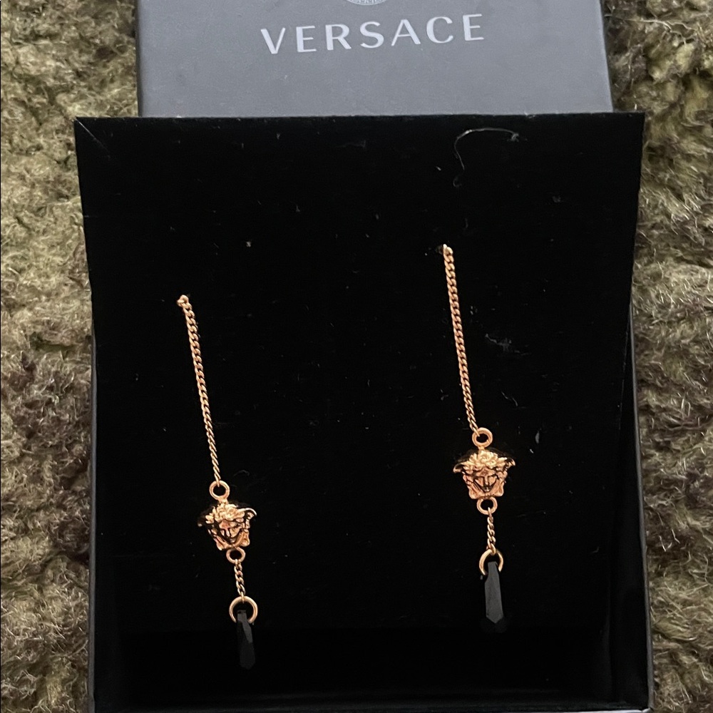 Versace Gold Medusa Chain Earrings with Black Accents